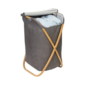 Gray and Natural Bamboo Folding Laundry Hamper with Lid