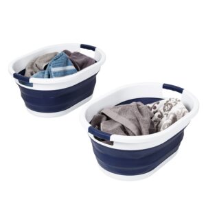 Collapsible Rubber Laundry Baskets (Set of 2) - Navy Blue and White