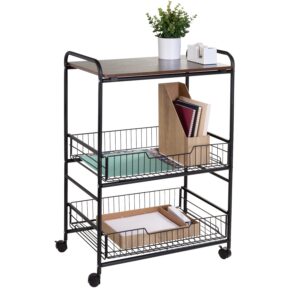 3-Tier Cart with Wood Shelf and Pull-Out Baskets - Black and Walnut