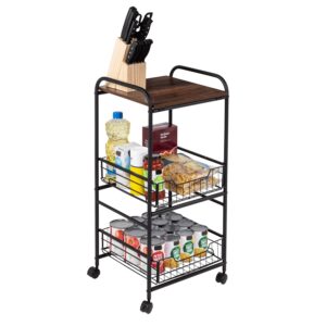 3-Tier Slim Rolling Cart with Metal Basket Drawers - Black and Natural