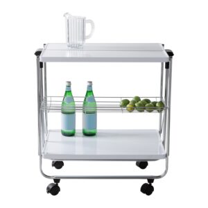 Folding Kitchen Cart with Metal Basket - White and Chrome