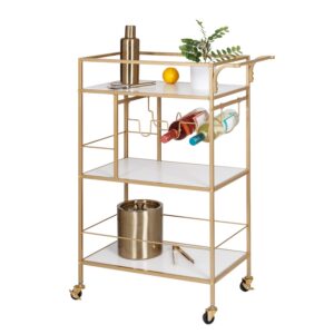 3-Tier Rolling Bar Cart with Rack and Handle - Gold and White