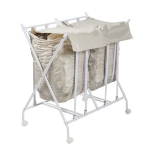 2-Bag No-Bend Rolling Laundry Hamper - White and Natural