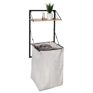 Over-the-Door and Wall-Mount Folding Laundry Hamper with Shelf - Black and Maple