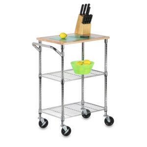 3-Tier Kitchen Cart with Cutting Board - Chrome and Wood