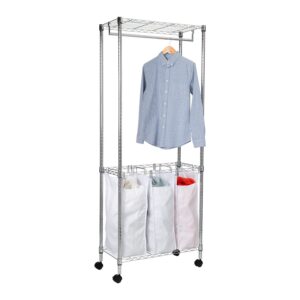 Rolling Laundry Center Triple Laundry Sorter and Clothes Hanging Bar - Chrome