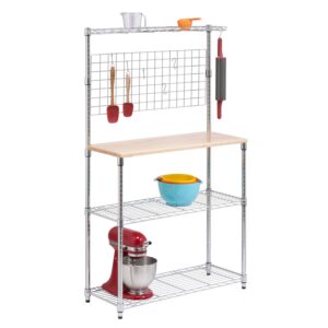 4-Tier Bakers Rack with Hanging Grid Storage - Chrome and Natural