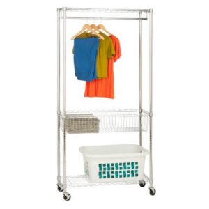 Mobile Laundry Organizer with Hanging Bar, Basket and Shelves