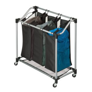 Rolling Triple Laundry Sorter - Black and Silver