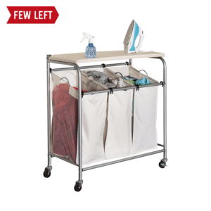 Rolling Triple Laundry Sorter with Ironing Board Top - Natural and Silver